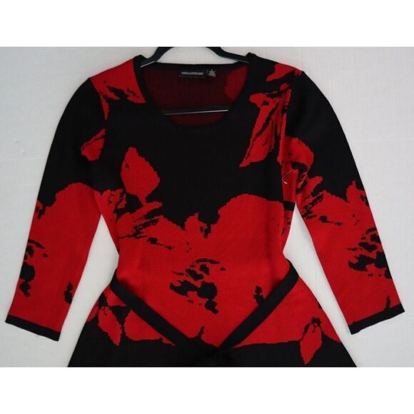 Nina Leonard Women's Sz S Red Floral Belted Jacquard Fit & Flare Sweater Dress - Picture 5 of 8